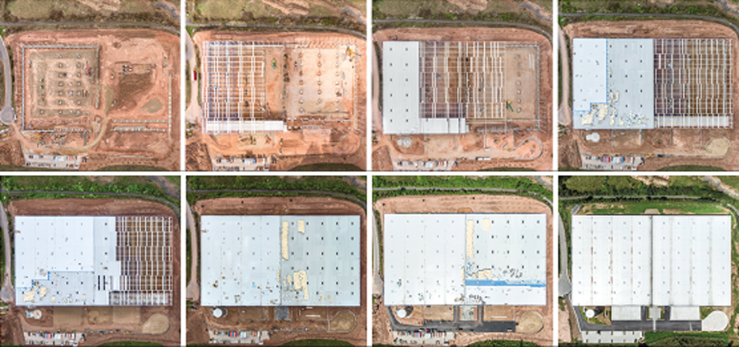 Aerial view of a construction site, showing progress over time in various stages and building layouts.