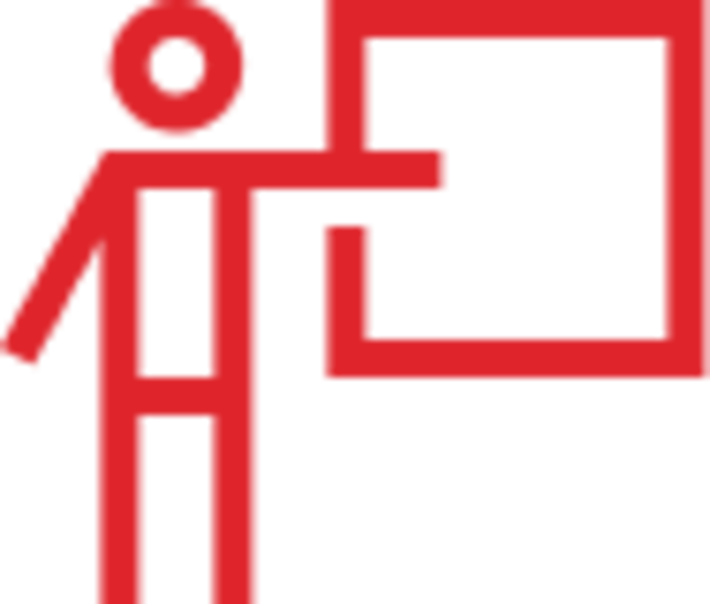 Symbol einer Person, die auf eine Präsentation zeigt, mit rotem und grauem Design.