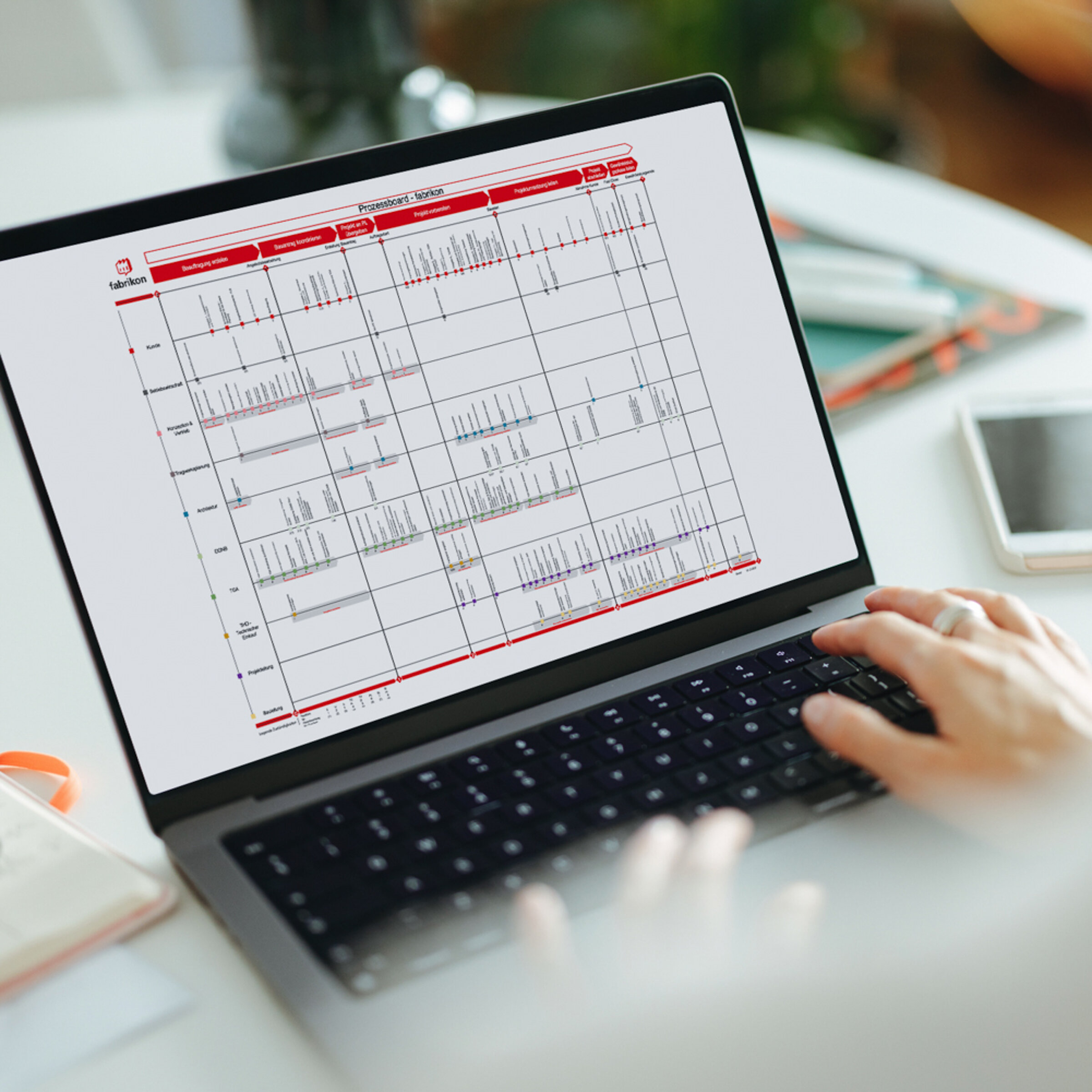 Eine Person nutzt einen Laptop, auf dem eine Tabelle mit Daten und Informationen angezeigt wird.