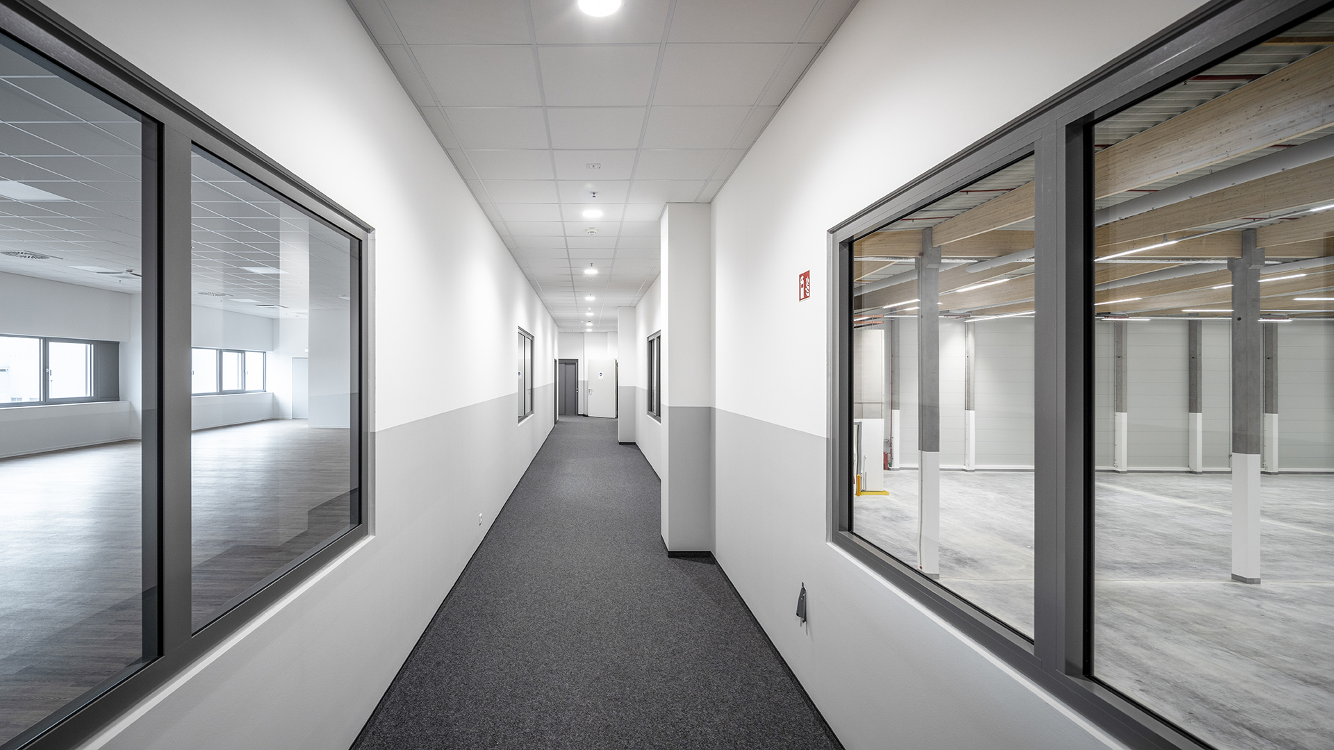 Ein heller Gang mit Fenstern, der zu einem offenen Raum führt. Wände in neutralen Farben, moderner Bürostil.