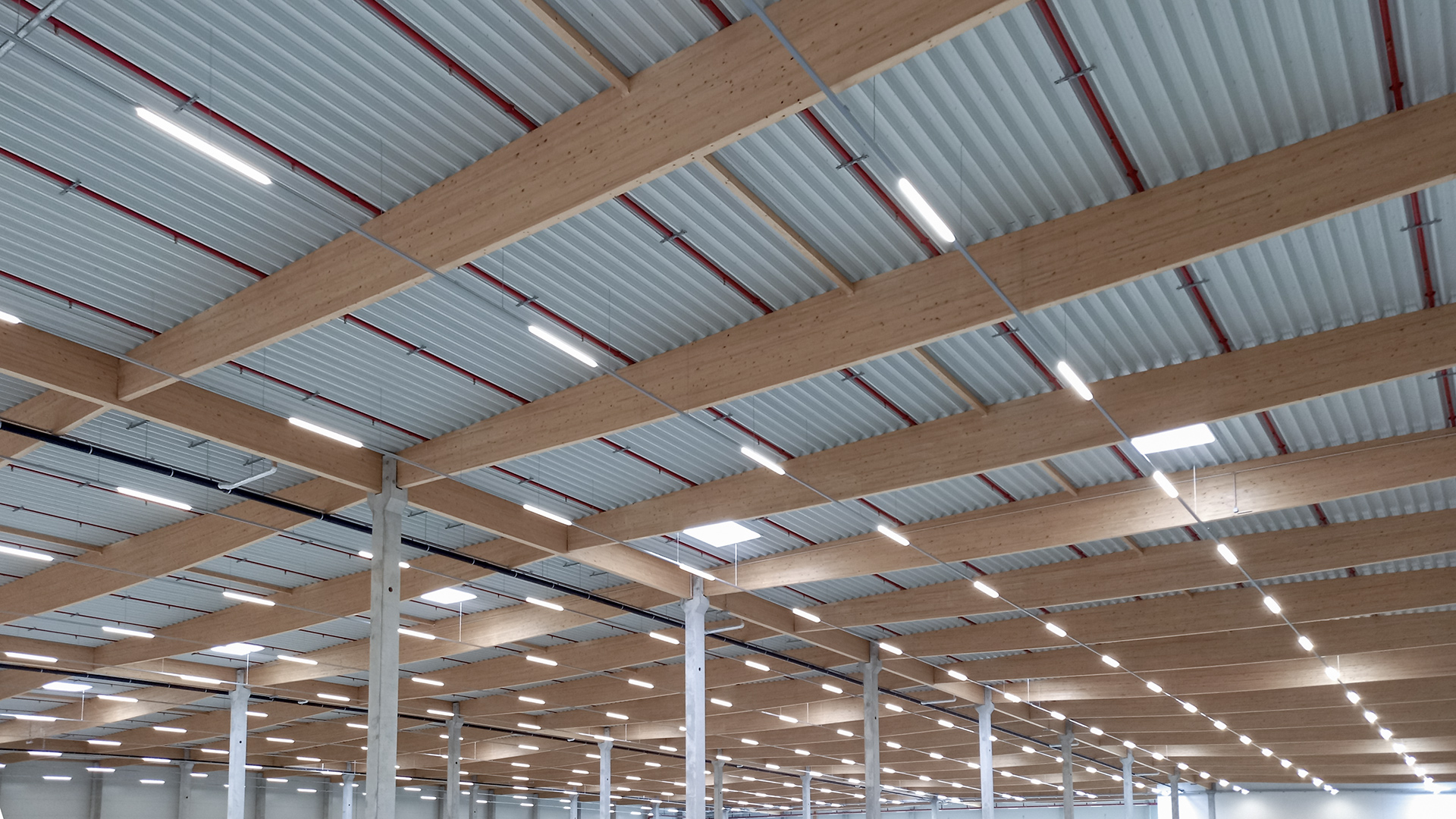 Blick auf eine moderne Decke mit Holz-Balken und integrierter Beleuchtung in einer großzügigen industriellen Umgebung.