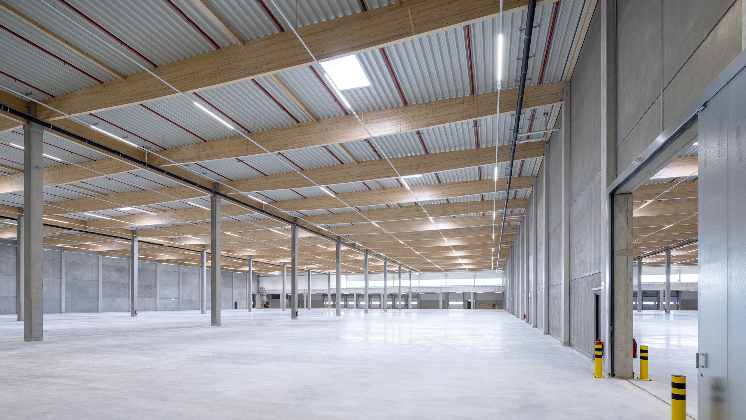 Lichtdurchfluteter Lagerraum mit hohen Wänden, Sicht auf Holzdecken und flachem Boden.
