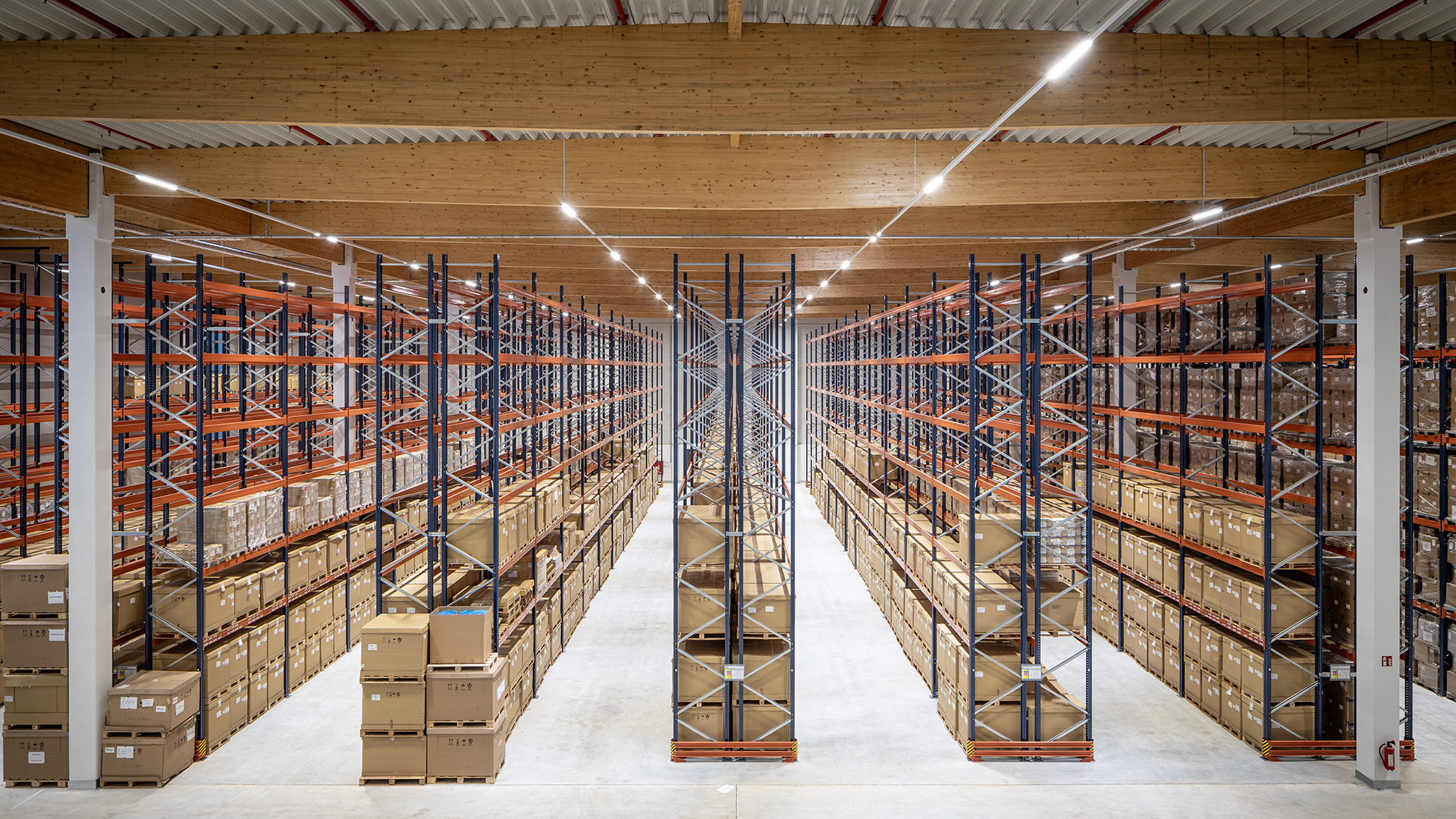 Helle Lagerhalle mit hohen Regalen, gefüllt mit Kartons, die in gleichmäßigen Reihen angeordnet sind.