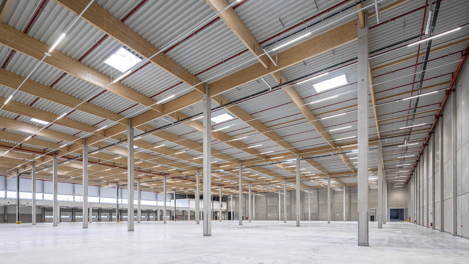 Logistikbauprojekt Hillwood Möckern - Innenansicht mit Holzbinder-Dachtragwerk und Hallenfläche - Blick auf die Lagermezzanine