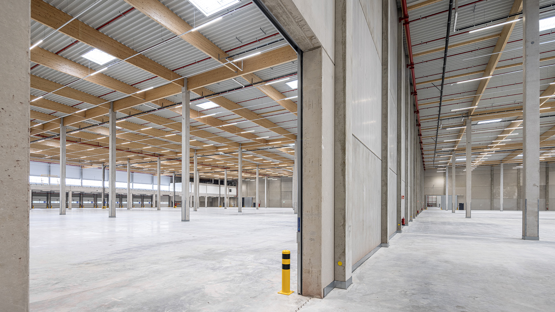 Logistikbauprojekt Hillwood Möckern - Innenansicht mit Holzbinder-Dachtragwerk und Hallenfläche - Blick durch Brandschutztor in angrenzende Unit